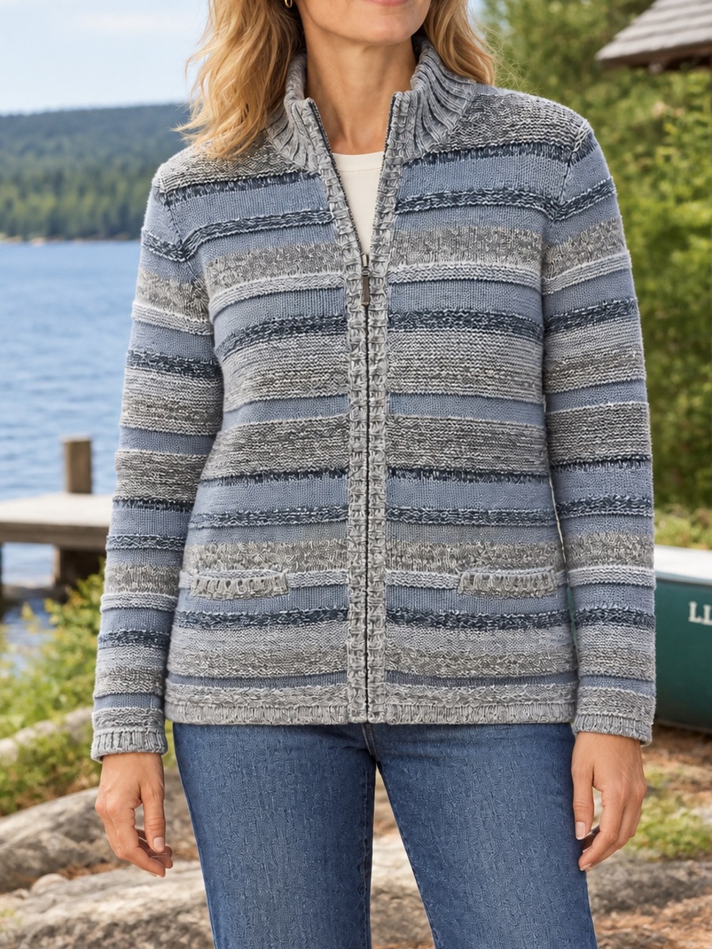 L.L. Bean Blue Striped Zip Up Sweater Cardigan, Large